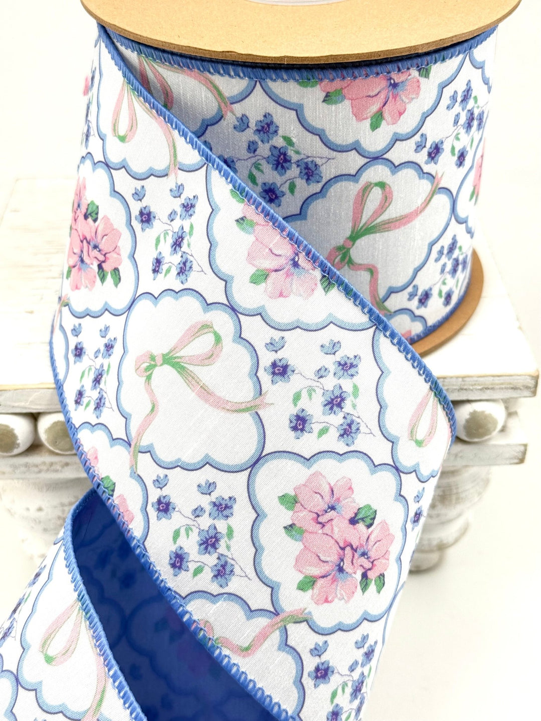 Bows and Floral Diamonds with Blue Backing Wired Dupioni Ribbon - 4" - Greenery MarketWired Ribbon9361W-464-100E