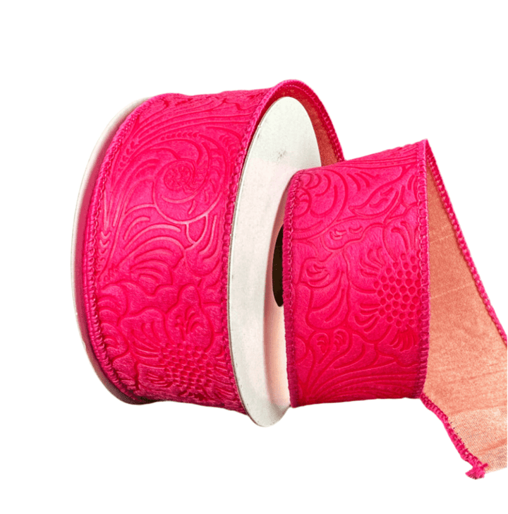 Bright pink and coral double sided embossed 1.5” wired ribbon - Greenery MarketWired ribbonD42510 - 09 - 46