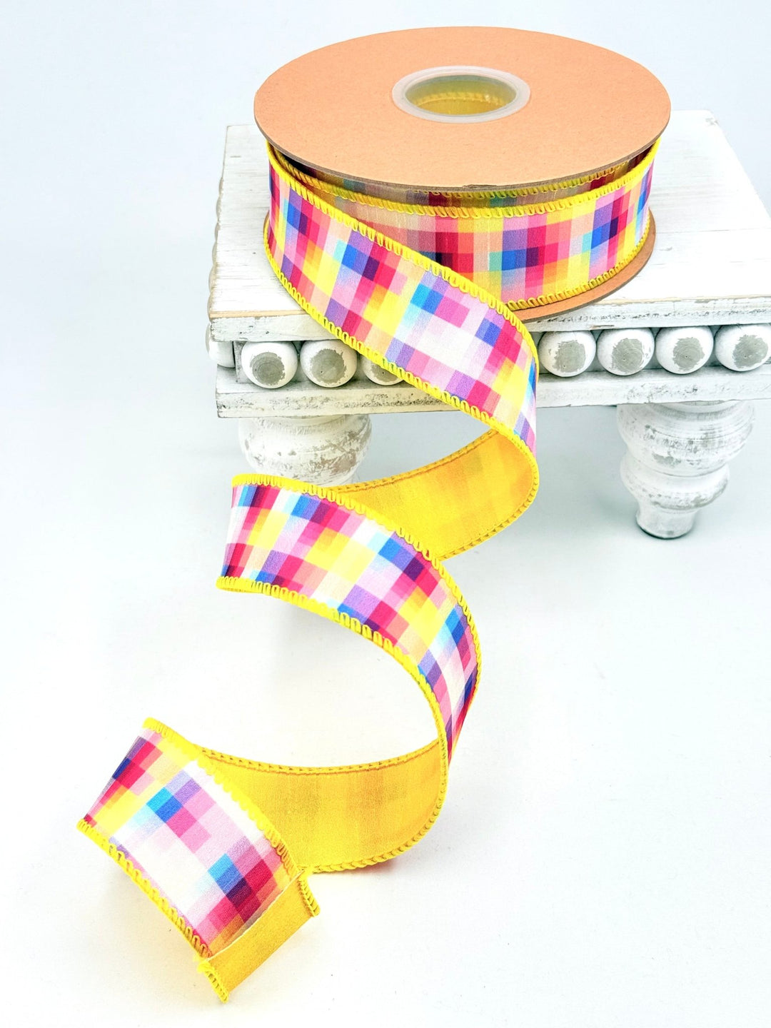 Bright Yellow, Blue, & Pink Checks Wired Ribbon - 1.5" - Greenery MarketWired Ribbon9330W-005-38E