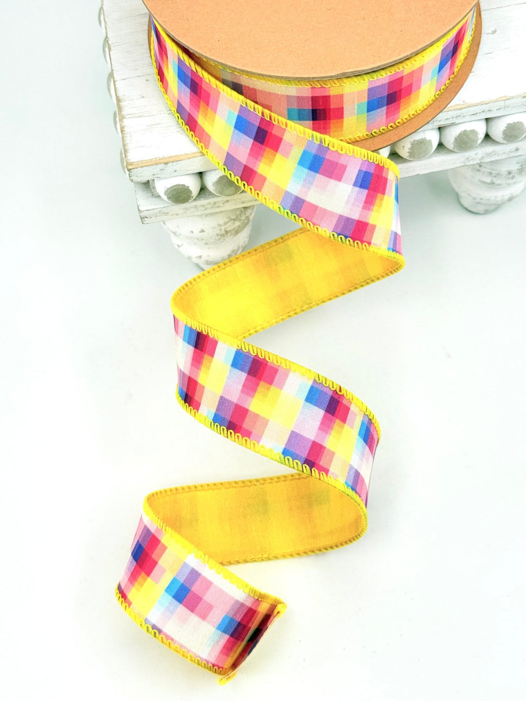 Bright Yellow, Blue, & Pink Checks Wired Ribbon - 1.5" - Greenery MarketWired Ribbon9330W-005-38E