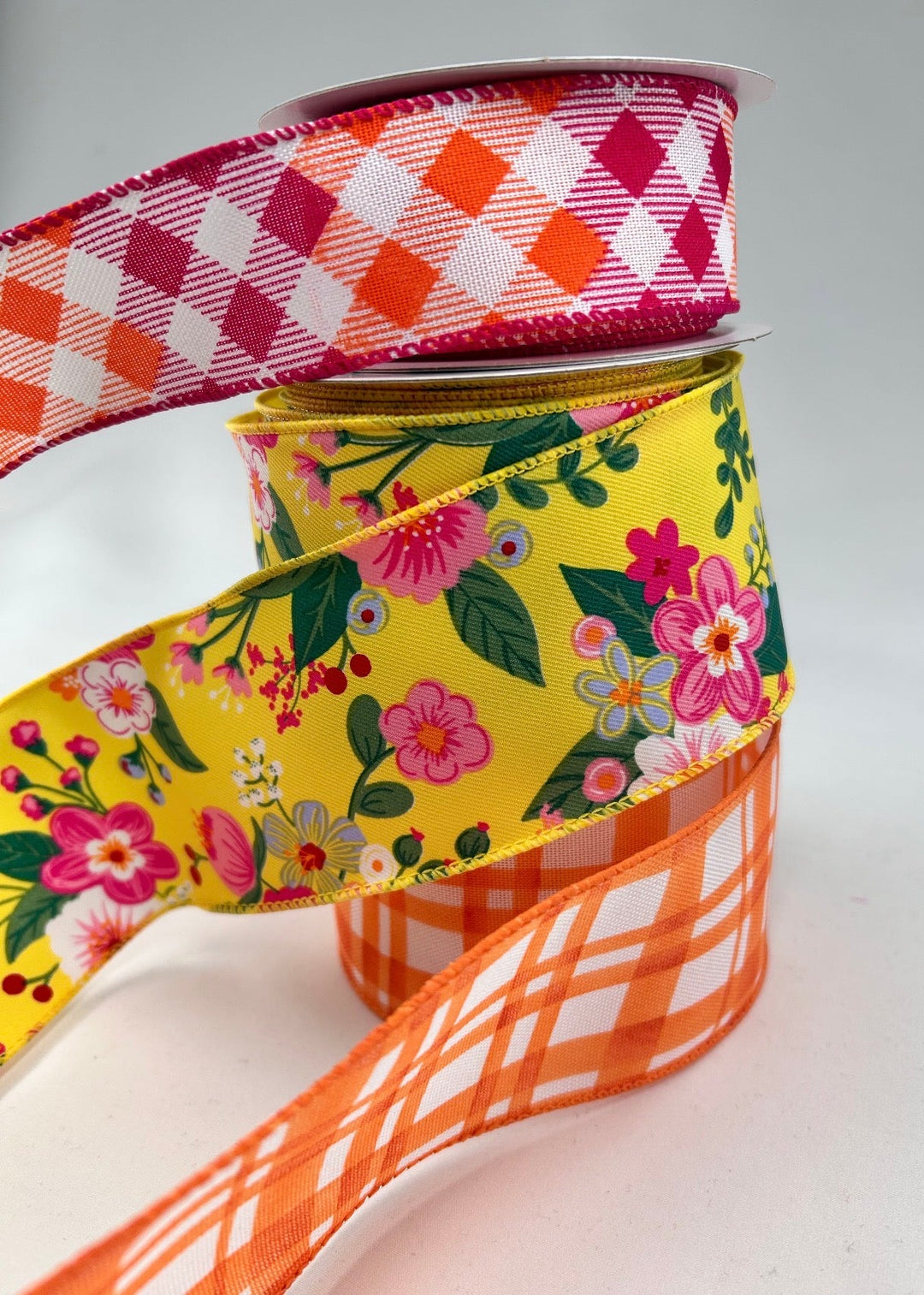 Bright Yellow, Orange, And Pink Floral bow bundle x 3 wired ribbons - Greenery MarketWired ribbonVibrantFloralX3