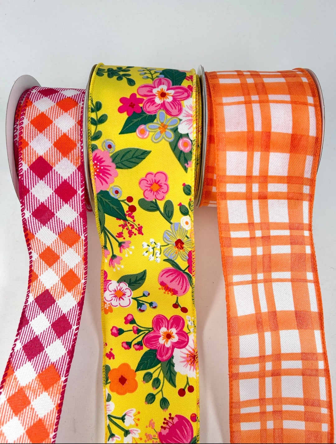 Bright Yellow, Orange, And Pink Floral bow bundle x 3 wired ribbons - Greenery MarketWired ribbonVibrantFloralX3