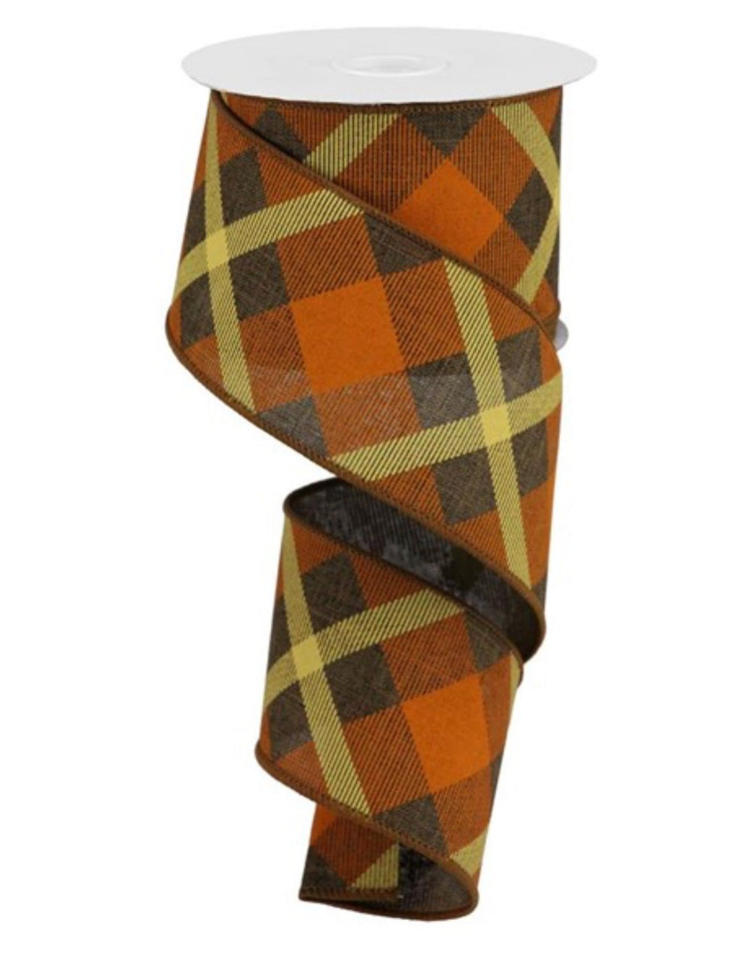 Brown and orange printed plaid on royal wired ribbon - Greenery MarketWired ribbonRG01683MW