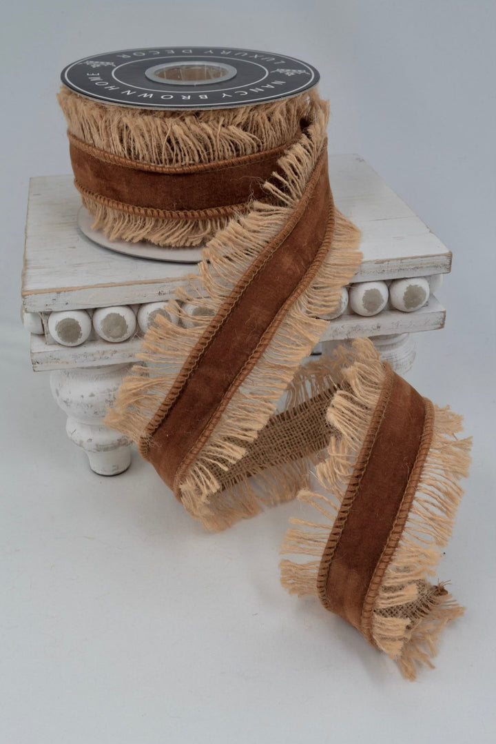 Brown Jute Fringed Wired Ribbon - 2.5" - Greenery Market15066