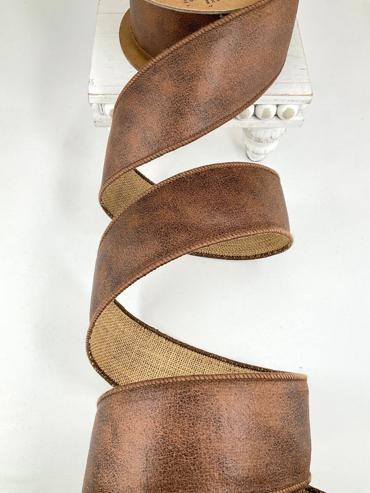 Brown Leather And Burlap Wired Ribbon - 2.5" - Greenery Market6566W-850-63E
