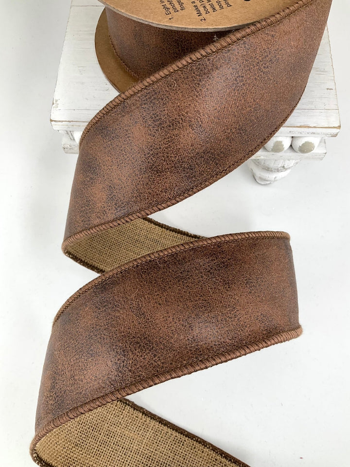 Brown Leather And Burlap Wired Ribbon - 2.5" - Greenery Market6566W-850-63E
