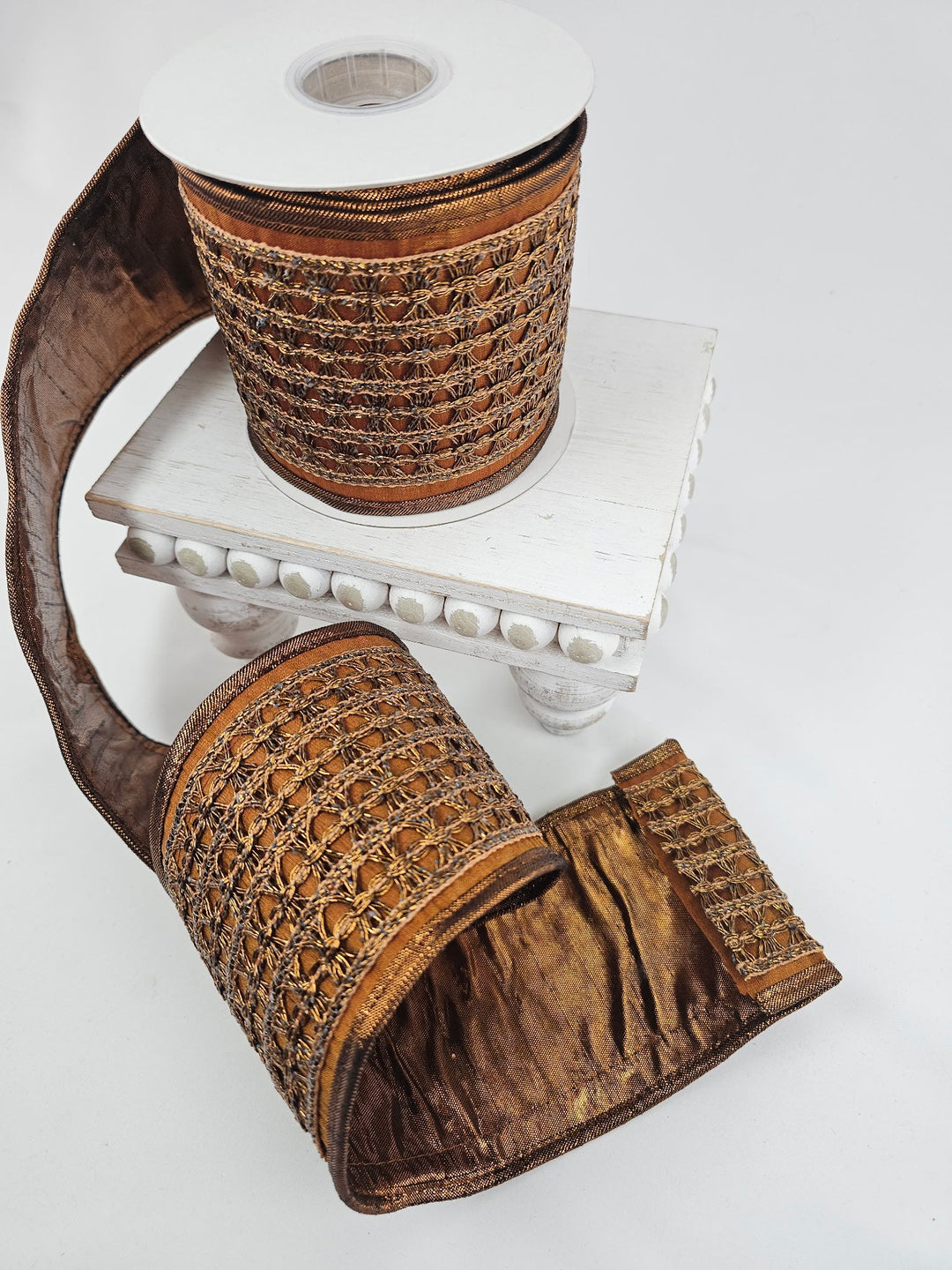 Brown Trim On Dupioni Metallic Mesh Ribbon - 4" - Greenery MarketXR588/4BN