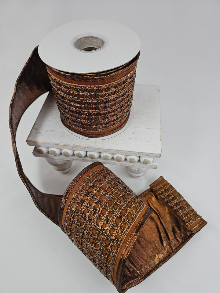 Brown Trim On Dupioni Metallic Mesh Ribbon - 4" - Greenery MarketXR588/4BN
