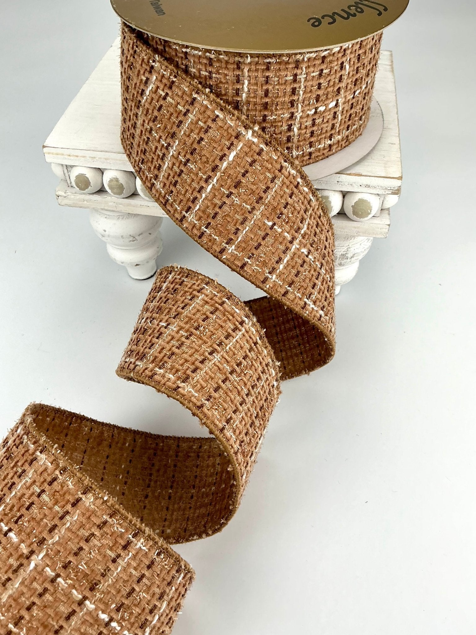Brown tweed shimmer wired ribbon 2.5” - Greenery Market
