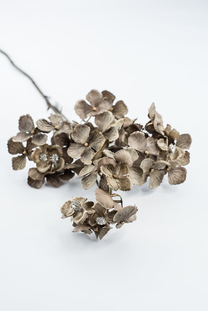 Brown With Faux Diamonds, Velvet Hydrangea Spray - 24" - Greenery MarketXFS799-BR/GR