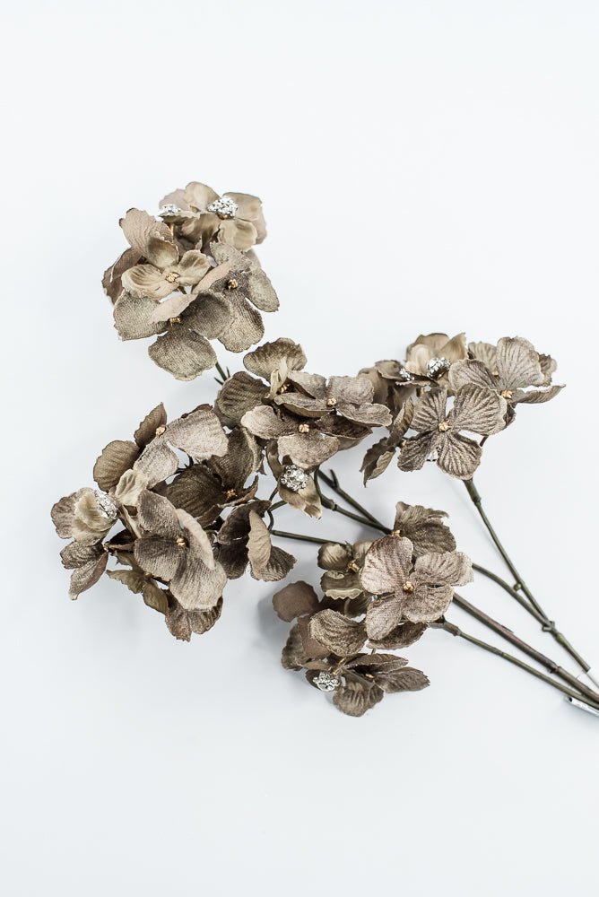Brown With Faux Diamonds, Velvet Hydrangea Spray - 24" - Greenery MarketXFS799-BR/GR