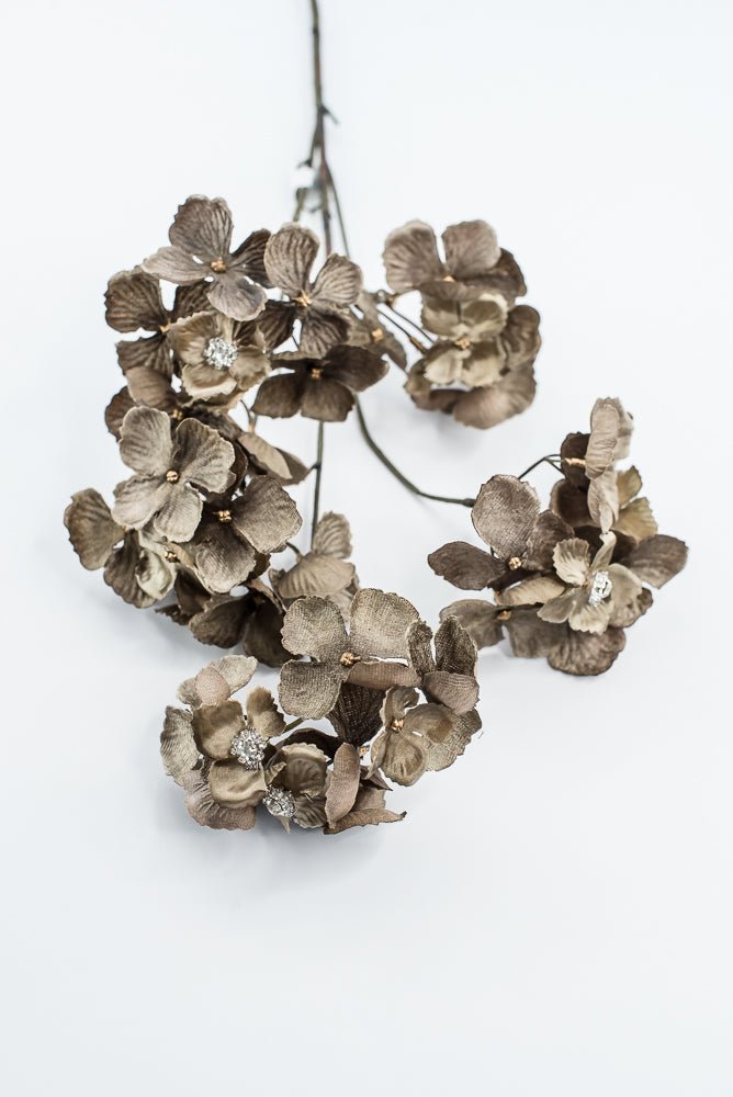 Brown With Faux Diamonds, Velvet Hydrangea Spray - 24" - Greenery MarketXFS799-BR/GR