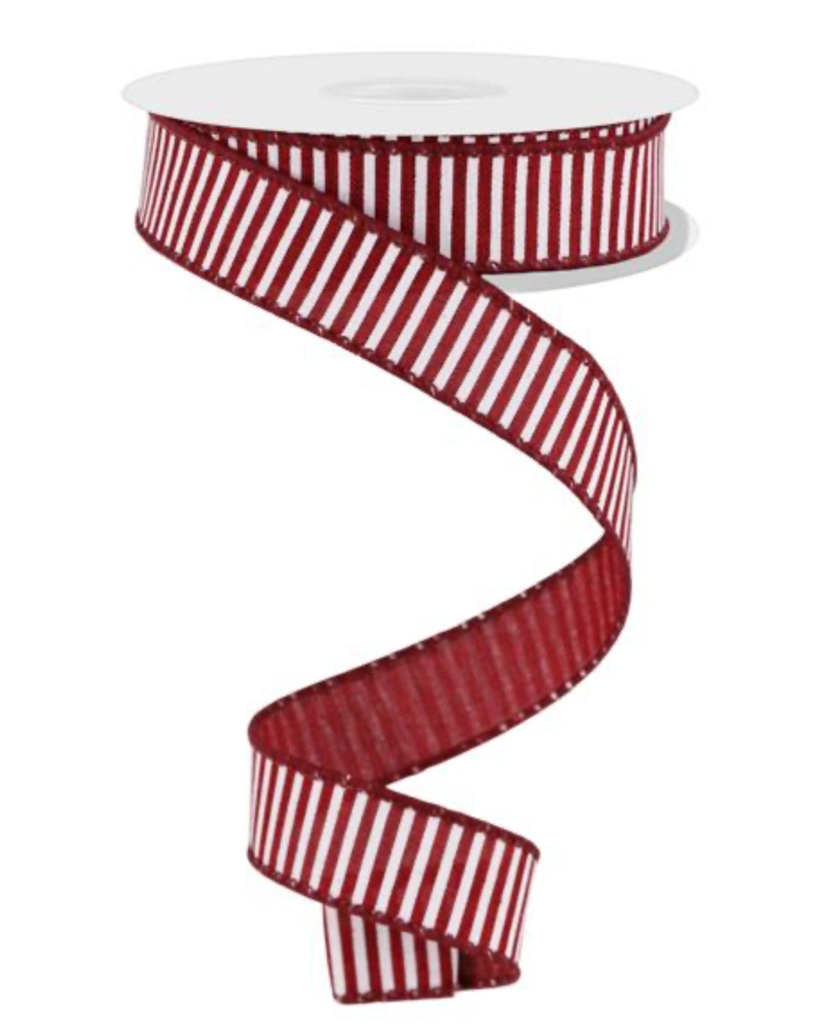 Burgundy and white striped skinny wired ribbon, 7/8