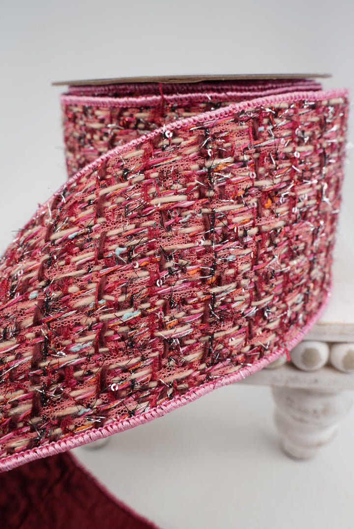 Burgundy & Pink Tweed Ribbon - 4" - Greenery MarketRibbon212170