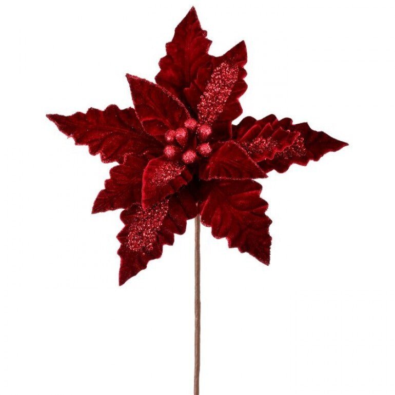 Burgundy velvet poinsettia stem with sequin accents - Greenery MarketMTX59379 BURG