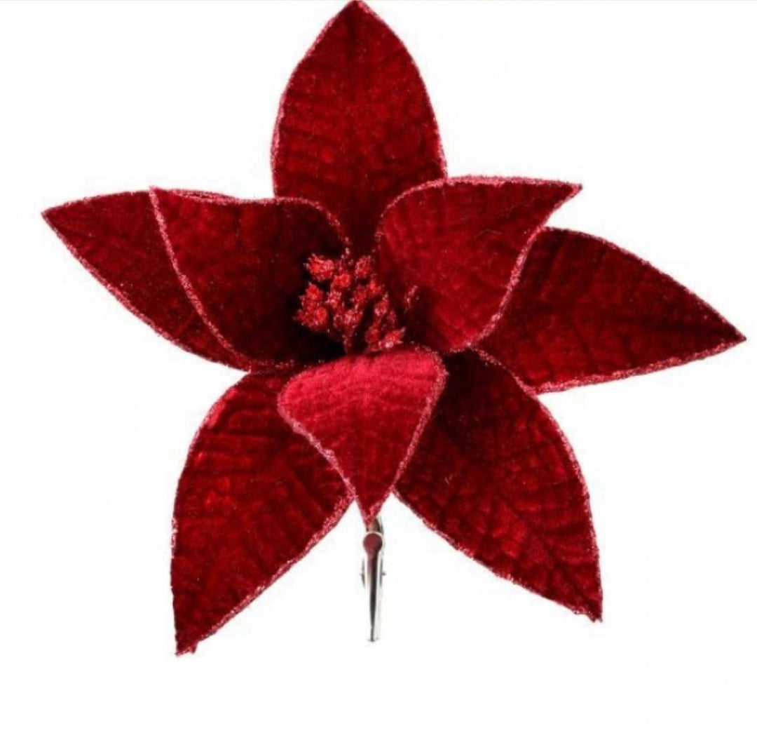 Burgundy velvet poinsettia with clip - Greenery MarketMTX59382 BURG