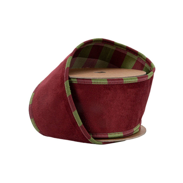 Burgundy With Aspen Check Piping Wired Ultrasuade Velvet Ribbon - 2.5" - Greenery Market7252W - 275 - 63E