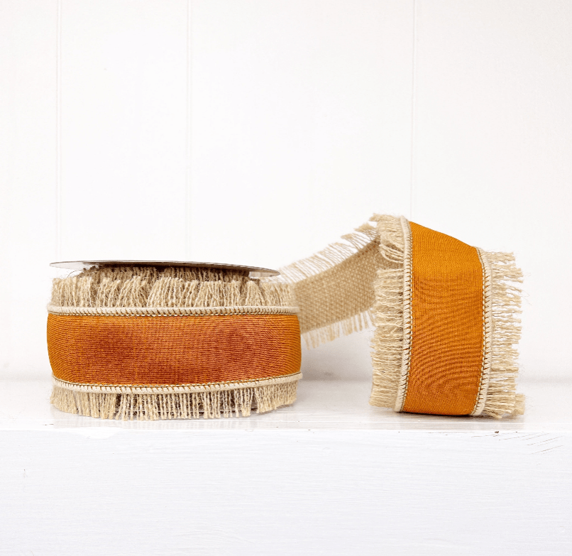 Burnt Orange Dupioni Fringe Wired Ribbon - 2.5" - Greenery Market12968O