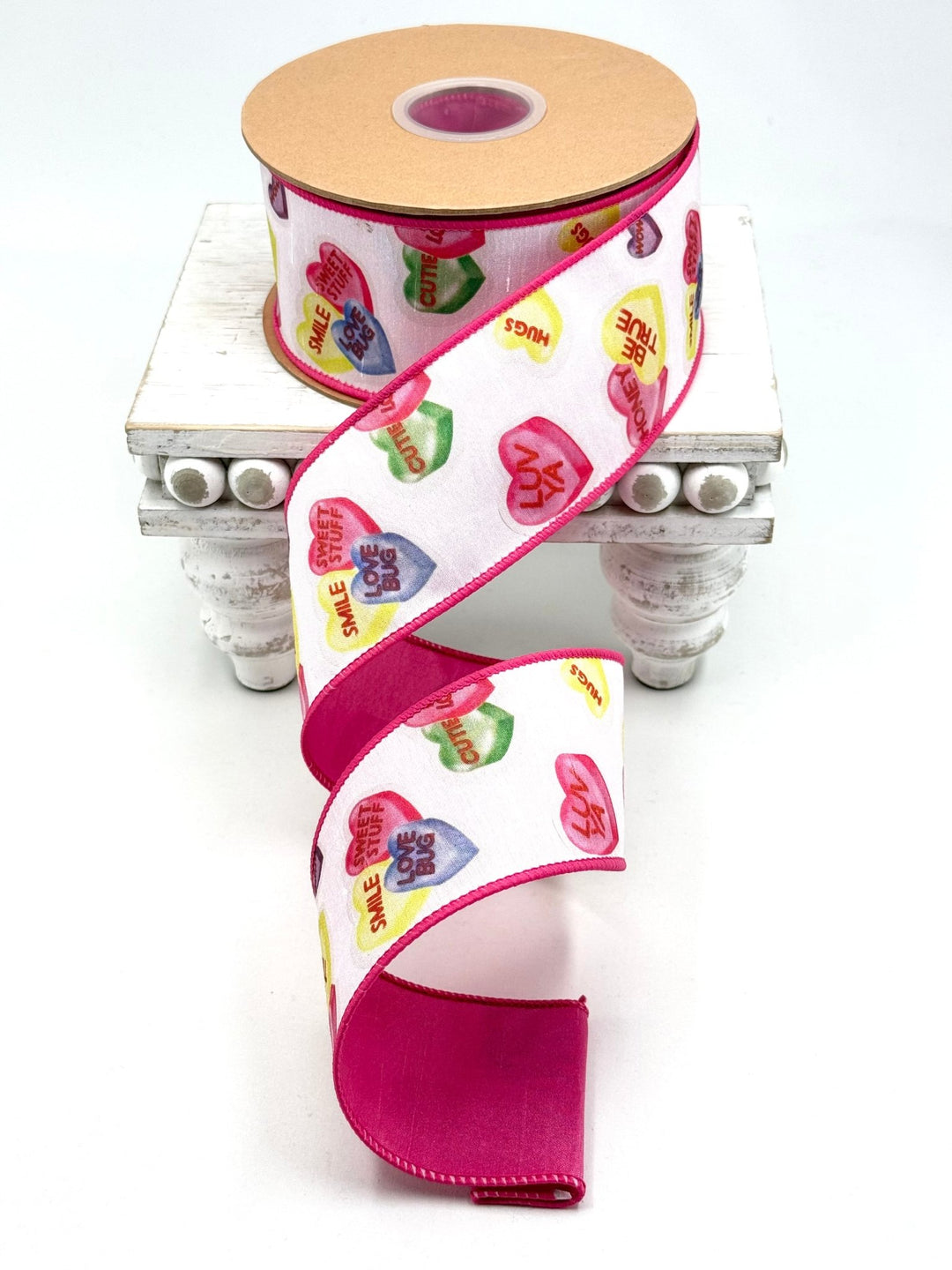 Candy Hearts With Pink Backing Dupioni Wired Ribbon - 2.5" - Greenery MarketWired Ribbon9351W-005-63E