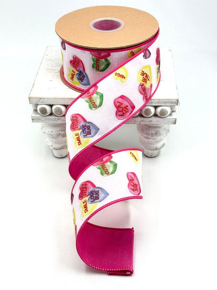 Candy Hearts With Pink Backing Dupioni Wired Ribbon - 2.5" - Greenery MarketWired Ribbon9351W-005-63E