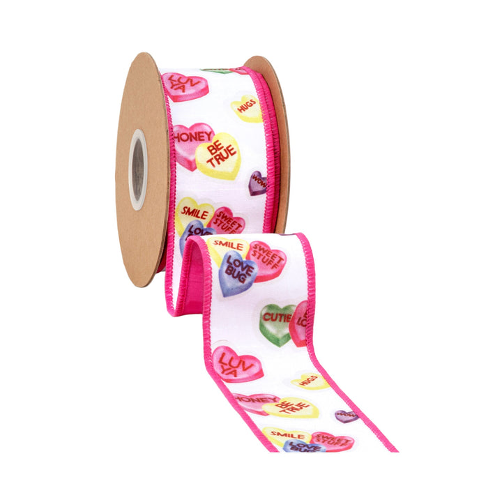 Candy Hearts With Pink Backing Dupioni Wired Ribbon - 2.5" - Greenery MarketWired Ribbon9351W-005-63E