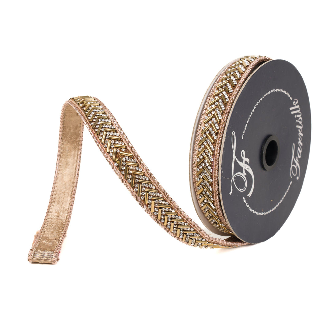 Cappuccino Chevron Crystal Trim Farrisilk Wired Ribbon - .75" - Greenery MarketRK812 - 29