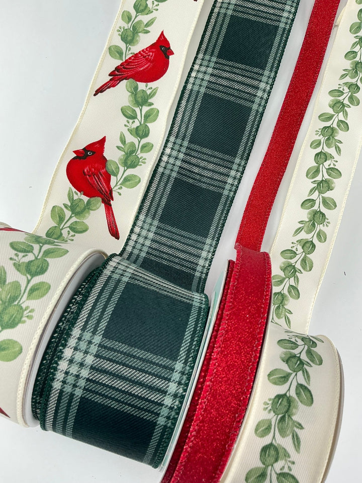 Cardinal and Eucalyptus Christmas ribbon bundle x 4 ribbons - Greenery Marketwired ribbon