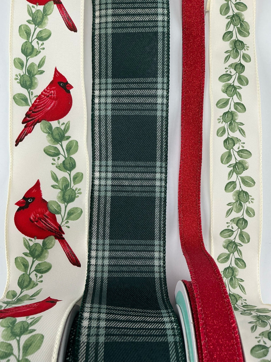 Cardinal and Eucalyptus Christmas ribbon bundle x 4 ribbons - Greenery Marketwired ribbon