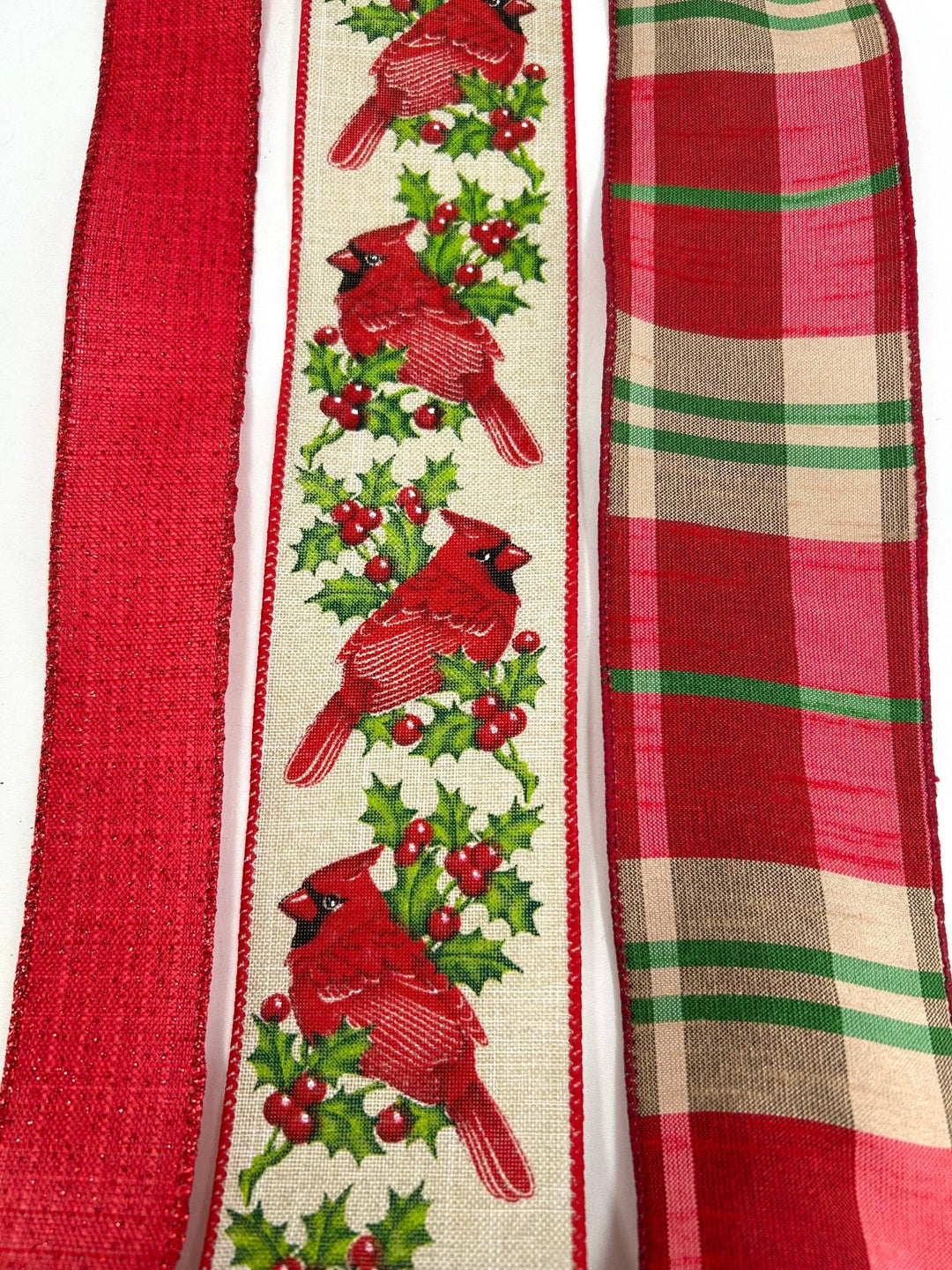 Cardinal and Plaid Bow Bundle x 3 Wired Ribbons - Greenery Marketwired ribbonCardPlaidx3