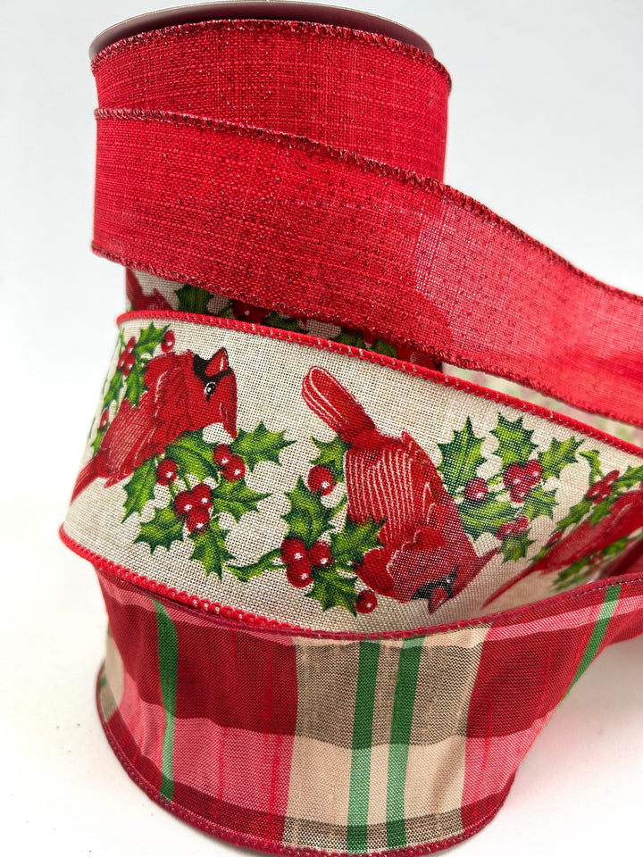 Cardinal and Plaid Bow Bundle x 3 Wired Ribbons - Greenery Marketwired ribbonCardPlaidx3