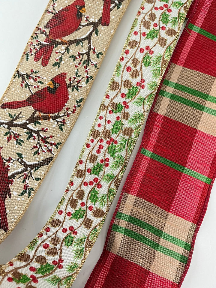 Cardinal and plaid Christmas ribbon bundle - Greenery Marketwired ribbonCardinalplaidX3