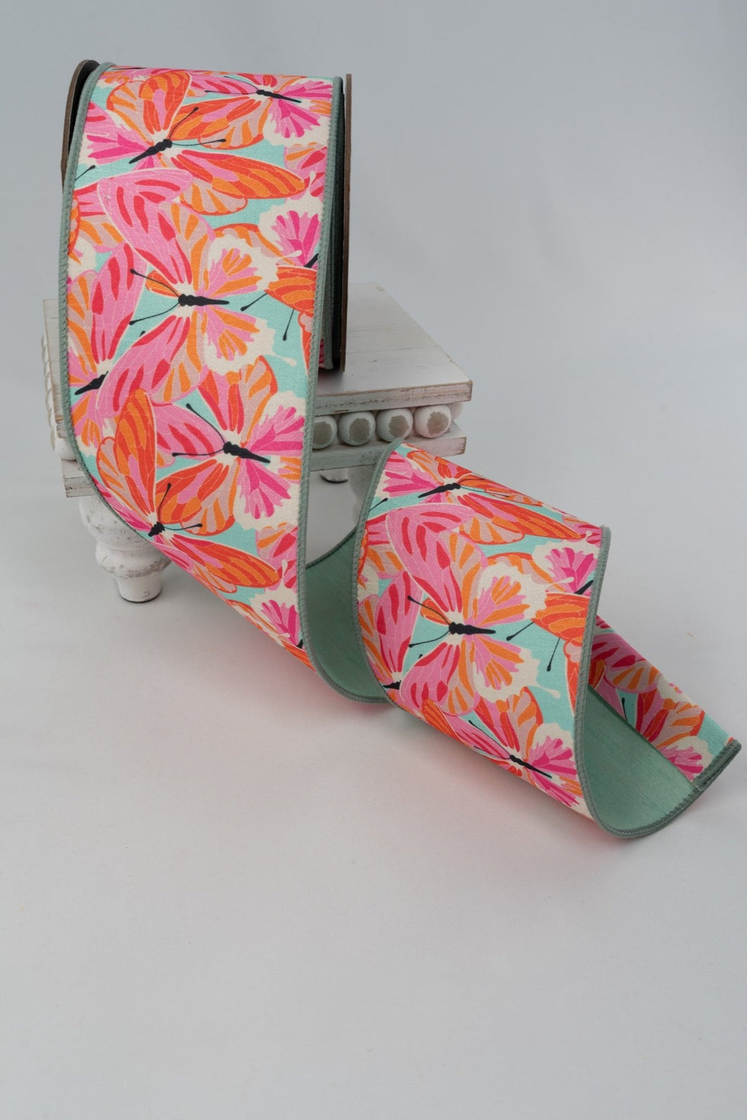 Celadon Colorful Orange & Hot Pink Butterflies Dupion Wired Ribbon - 4" - Greenery MarketWired ribbon05-1558