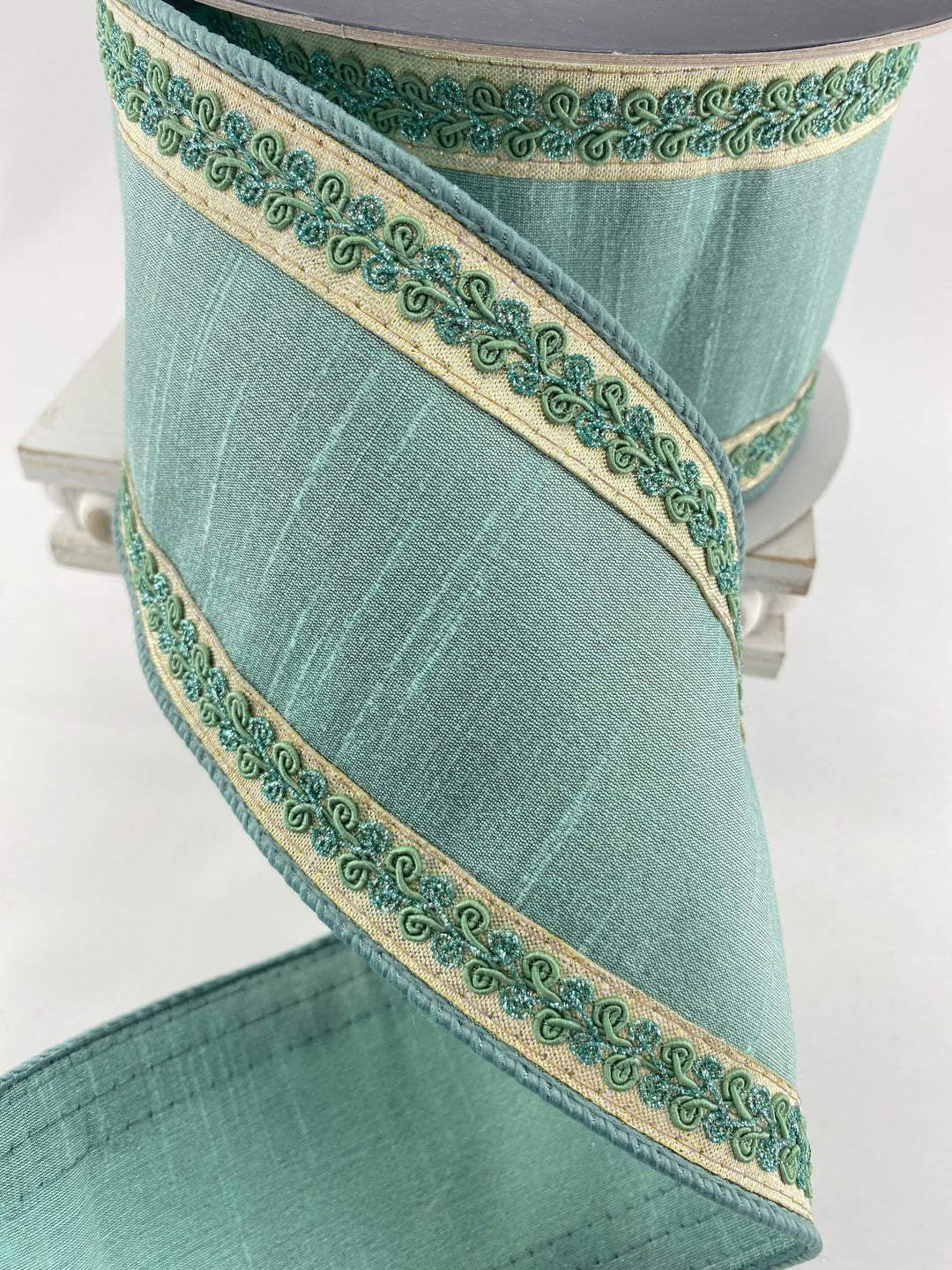 Celadon Vintage Scroll Farrisilk Wired Ribbon - 4" - Greenery MarketRK827-75