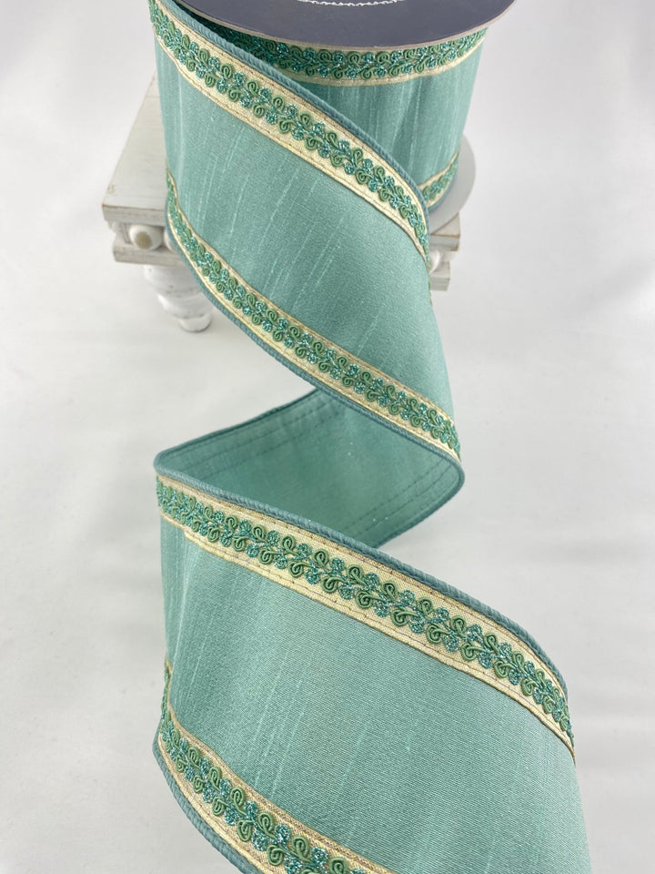 Celadon Vintage Scroll Farrisilk Wired Ribbon - 4" - Greenery MarketRK827-75