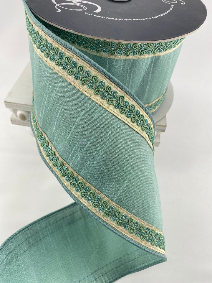 Celadon Vintage Scroll Farrisilk Wired Ribbon - 4" - Greenery MarketRK827-75