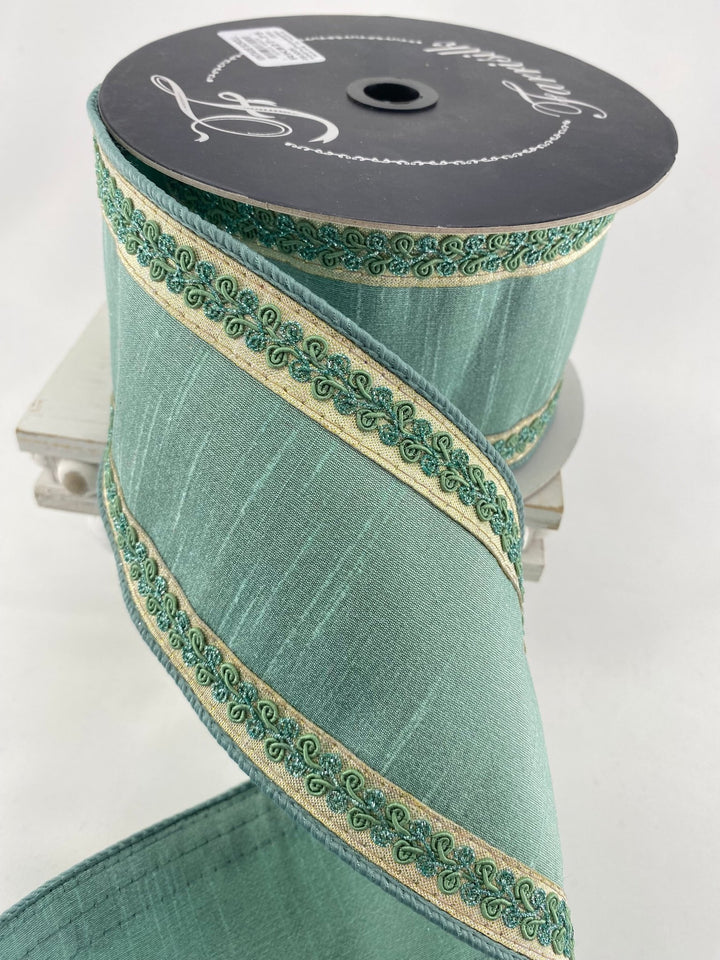 Celadon Vintage Scroll Farrisilk Wired Ribbon - 4" - Greenery MarketRK827-75