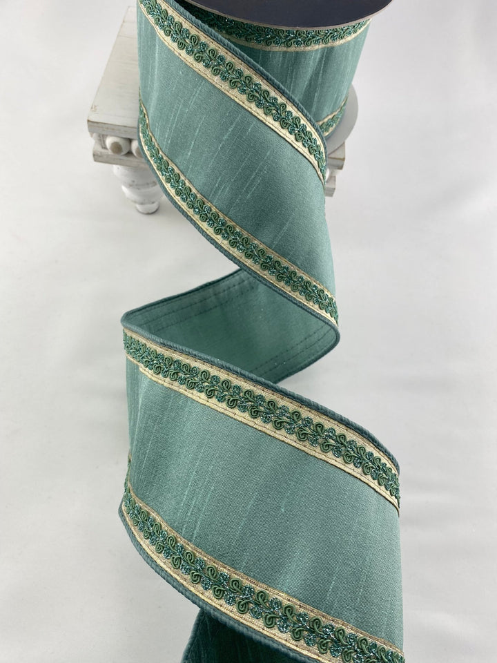 Celadon Vintage Scroll Farrisilk Wired Ribbon - 4" - Greenery MarketRK827-75