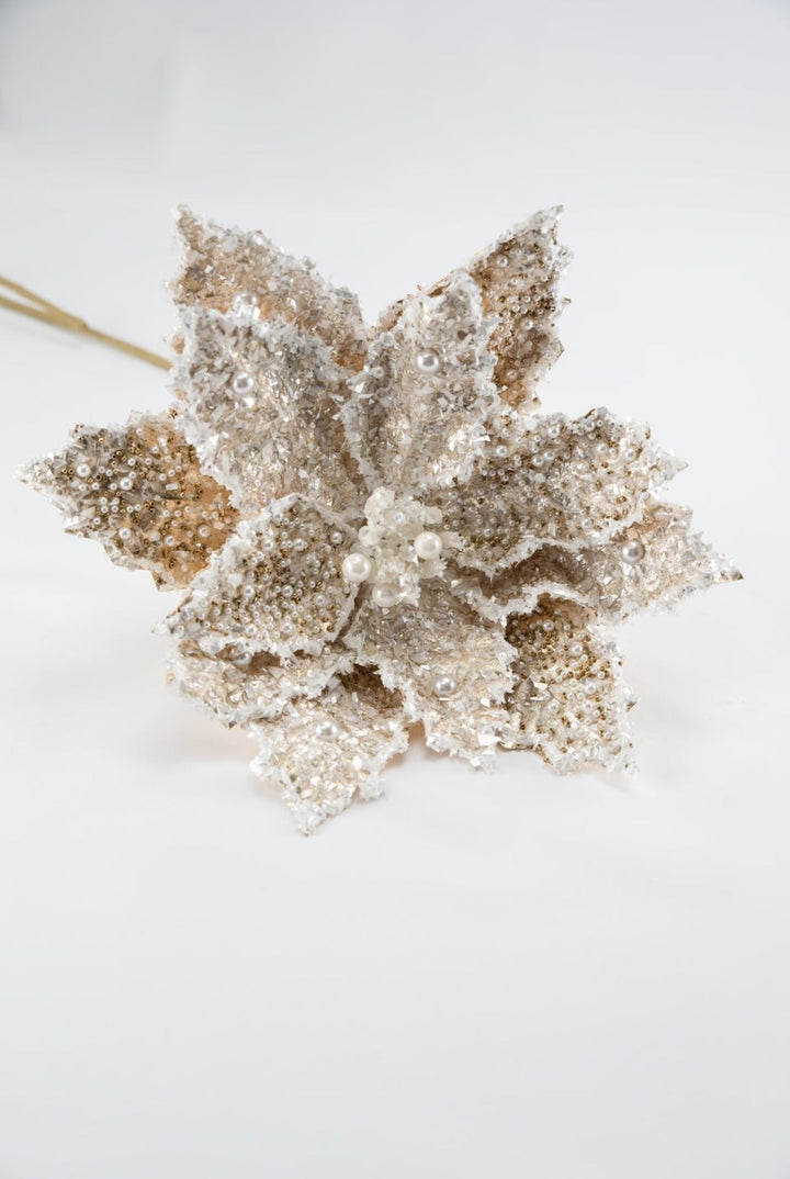 Champagne, beaded pearls, iced poinsettia stem - Greenery MarketMtx67164