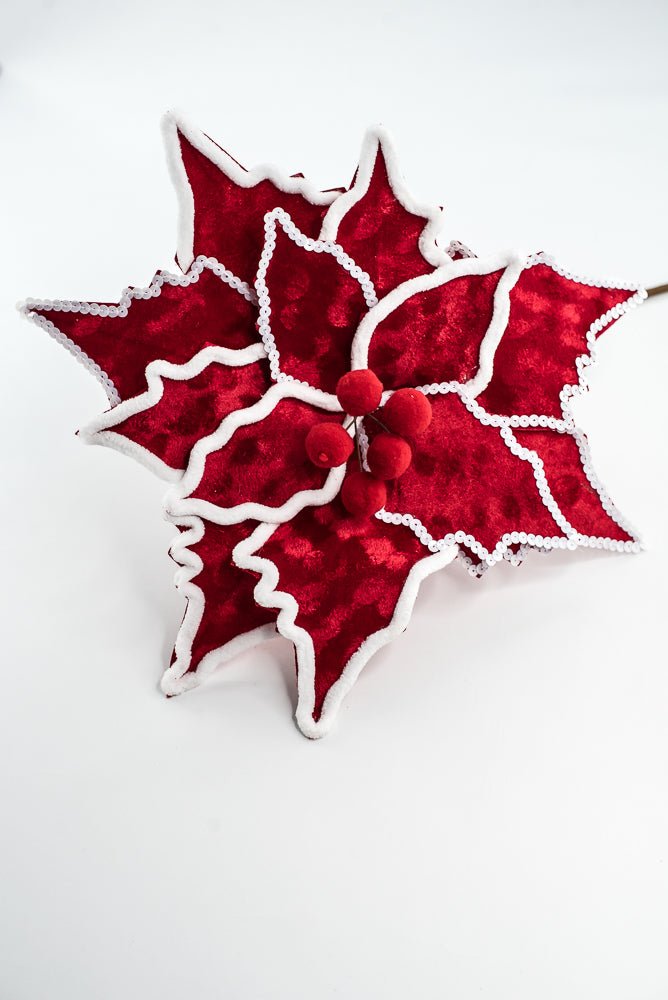Chenille Sequin Edge Red Poinsettia Stem - Greenery Market65148