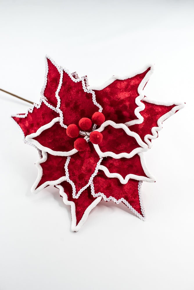 Chenille Sequin Edge Red Poinsettia Stem - Greenery Market65148