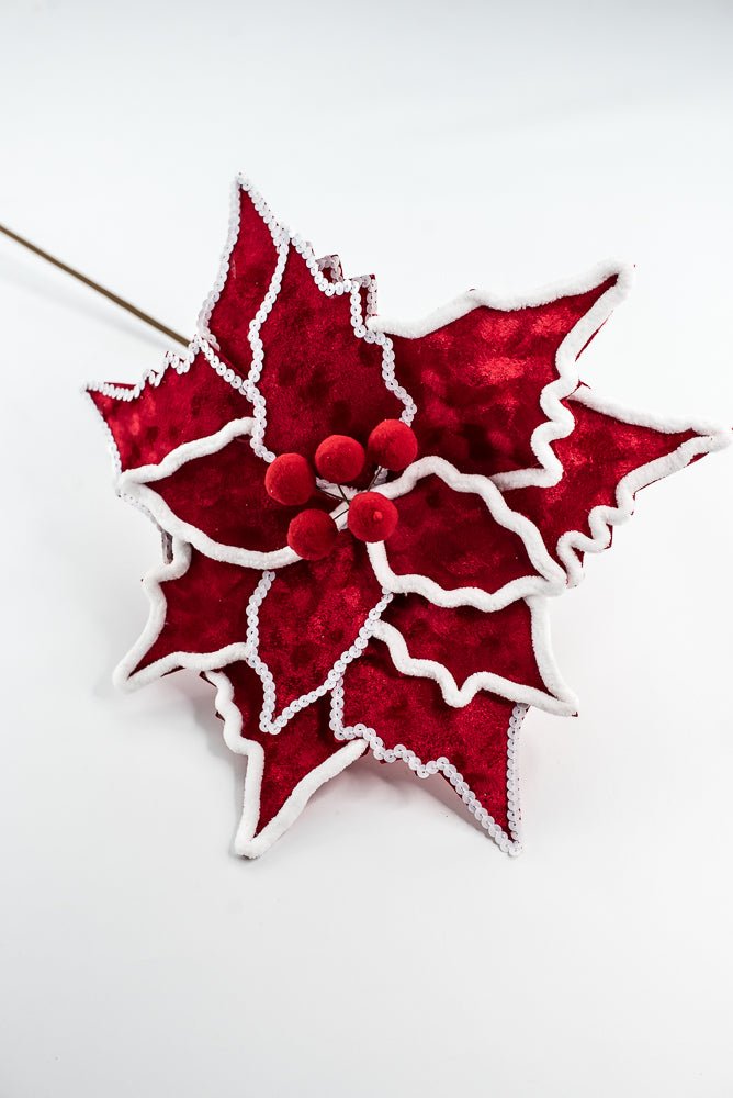 Chenille Sequin Edge Red Poinsettia Stem - Greenery Market65148