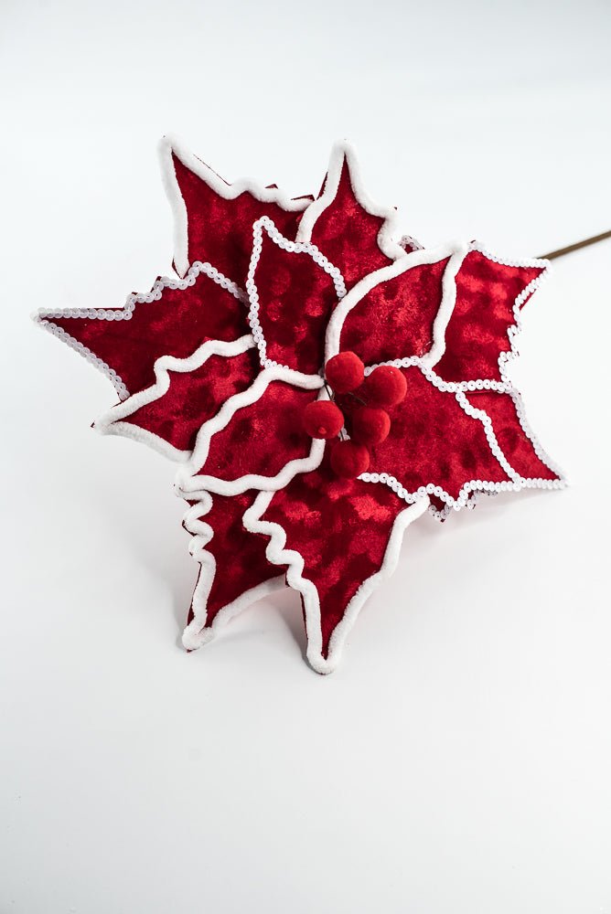 Chenille Sequin Edge Red Poinsettia Stem - Greenery Market65148