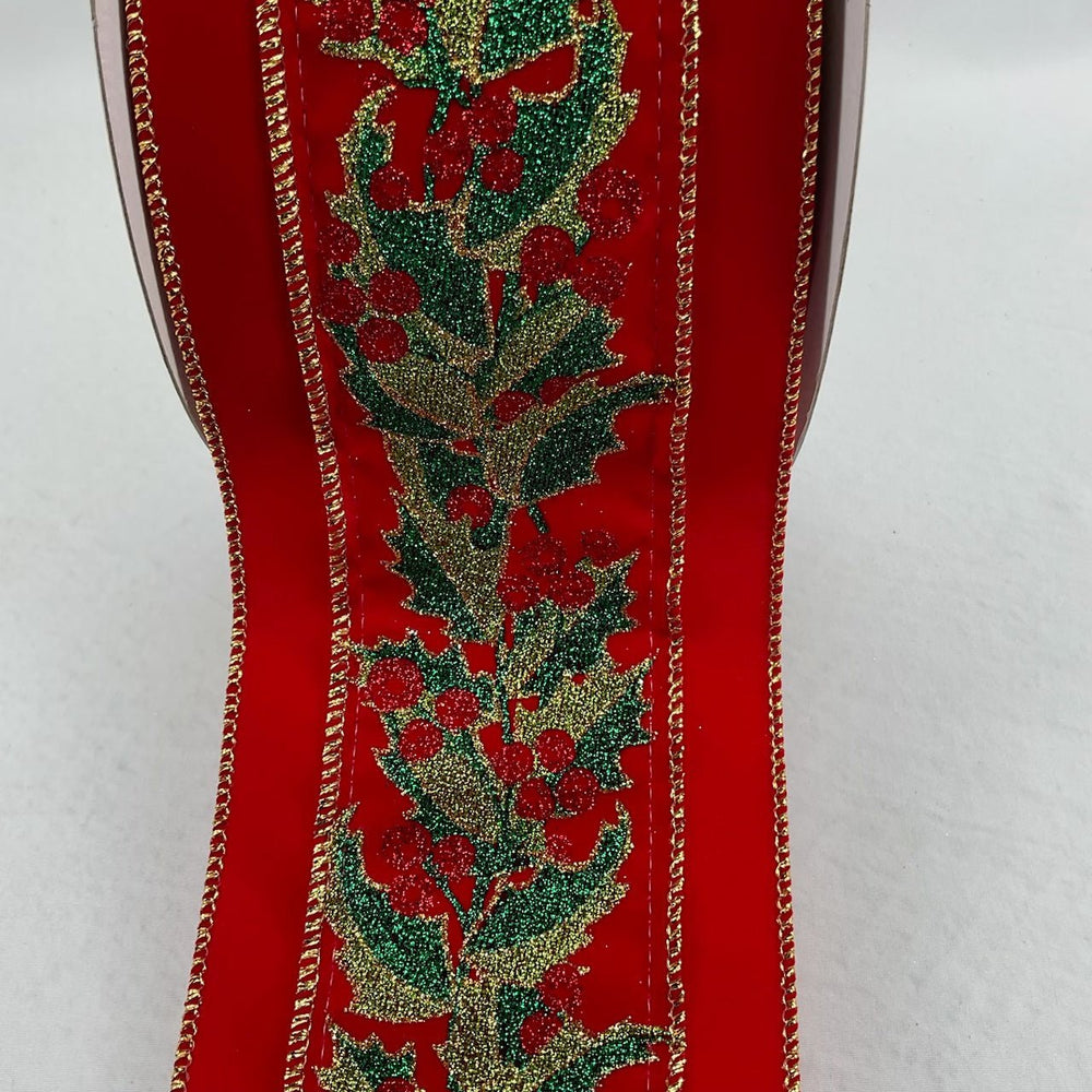 Christmas holly velvet wired ribbon 4” - Greenery MarketWired ribbonMTX71838