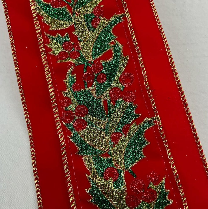 Christmas holly velvet wired ribbon 4” - Greenery MarketWired ribbonMTX71838