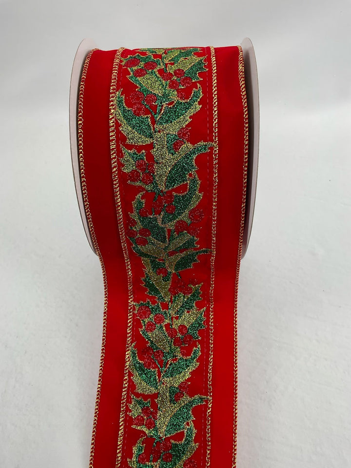 Christmas holly velvet wired ribbon 4” - Greenery MarketWired ribbonMTX71838