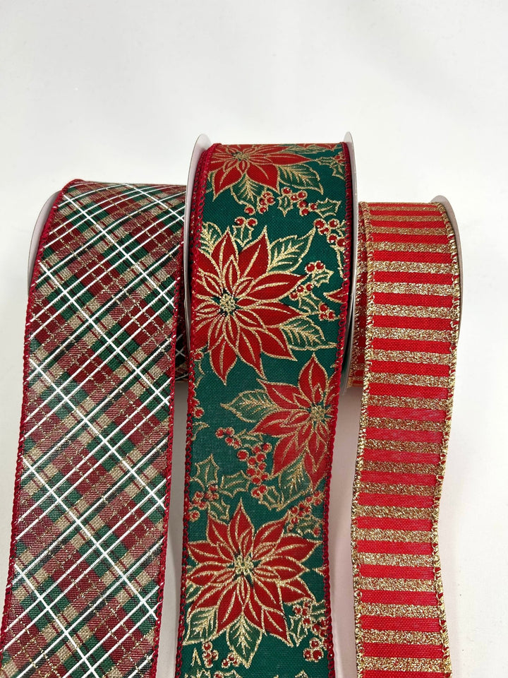 Christmas Red & Green Poinsettia Bow Bundle x 3 Wired Ribbons - Greenery MarketRibbons & TrimPoinsettiaX3