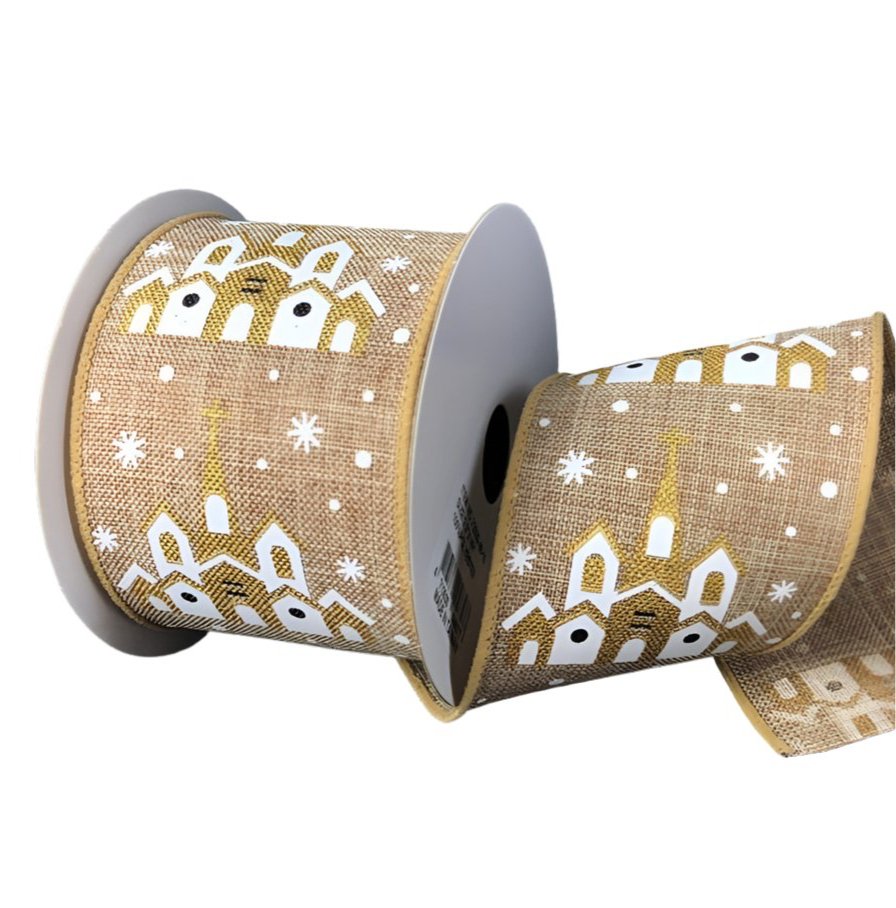 Church wired ribbon with gold accents - Greenery MarketWired ribbon72039 - 40 - 15