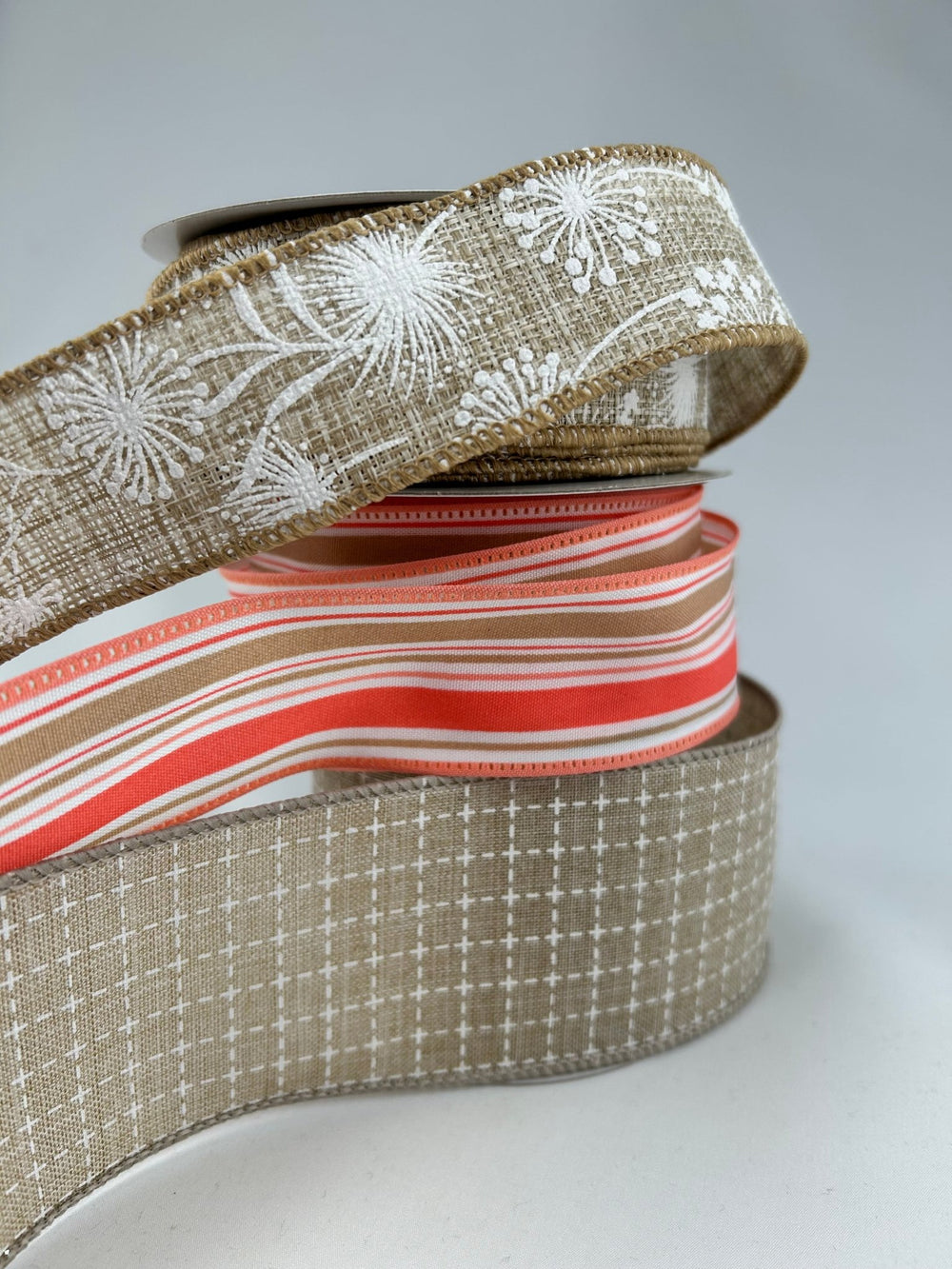 Coral And Natural Bow Bundle x 4 wired ribbons - Greenery MarketWired ribbonCoralStripeX3