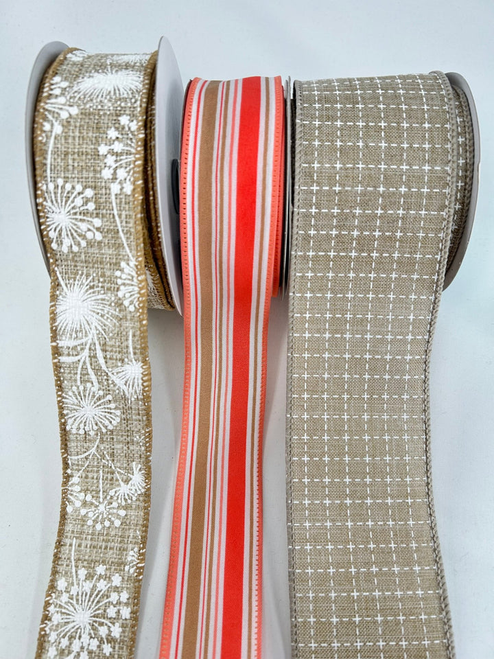 Coral And Natural Bow Bundle x 4 wired ribbons - Greenery MarketWired ribbonCoralStripeX3