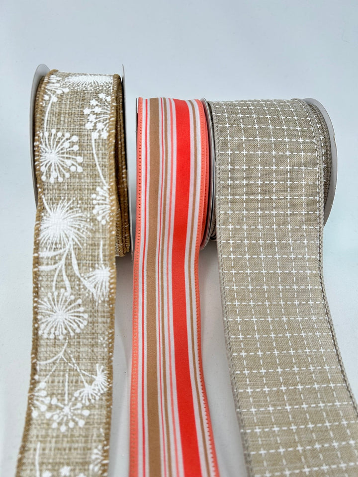 Coral And Natural Bow Bundle x 4 wired ribbons - Greenery MarketWired ribbonCoralStripeX3